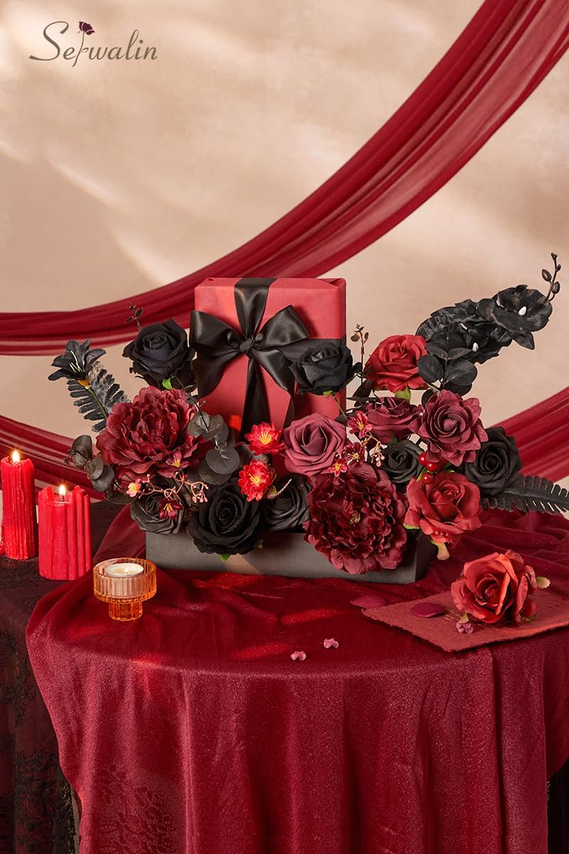 Serwalin Burgundy Black Artificial Flowers Combo, Silk Flowers for Wedding