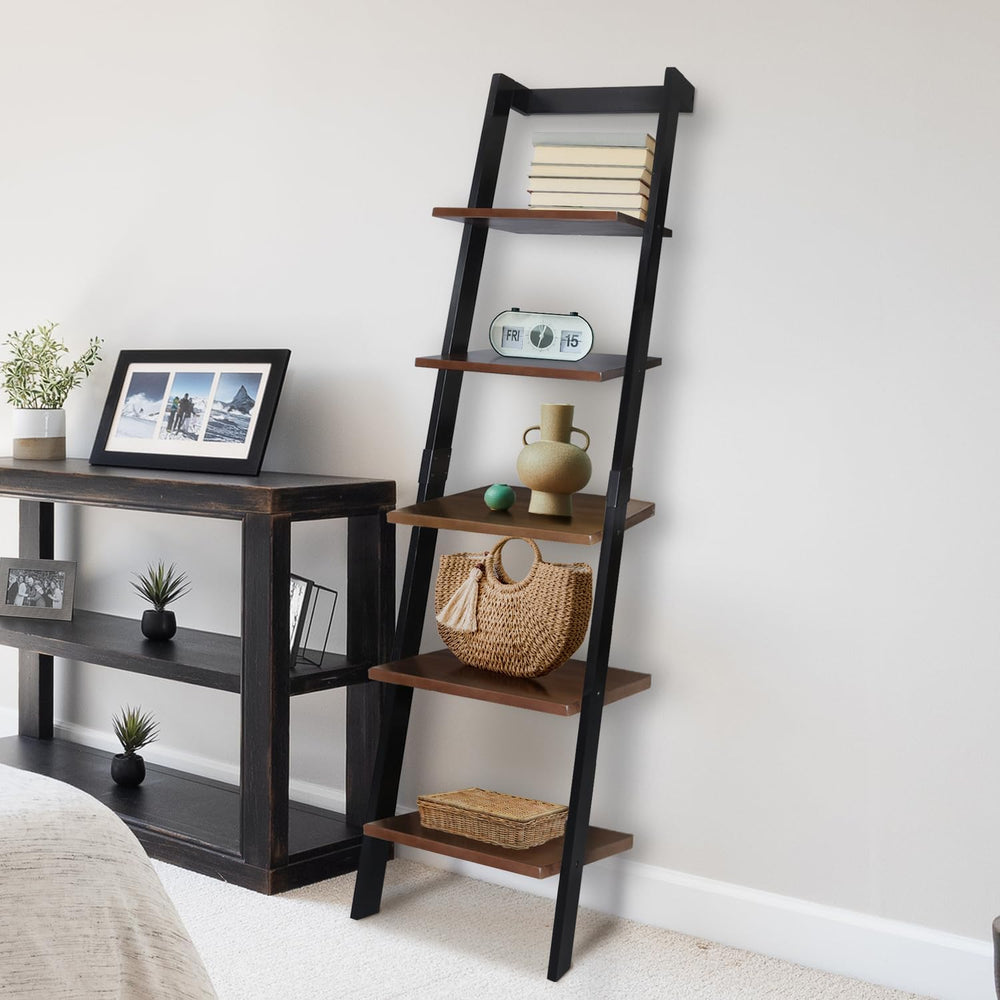 Kavari 5-Tier Leaning Ladder Bookcase with Solid American Gum Shelves - Black...