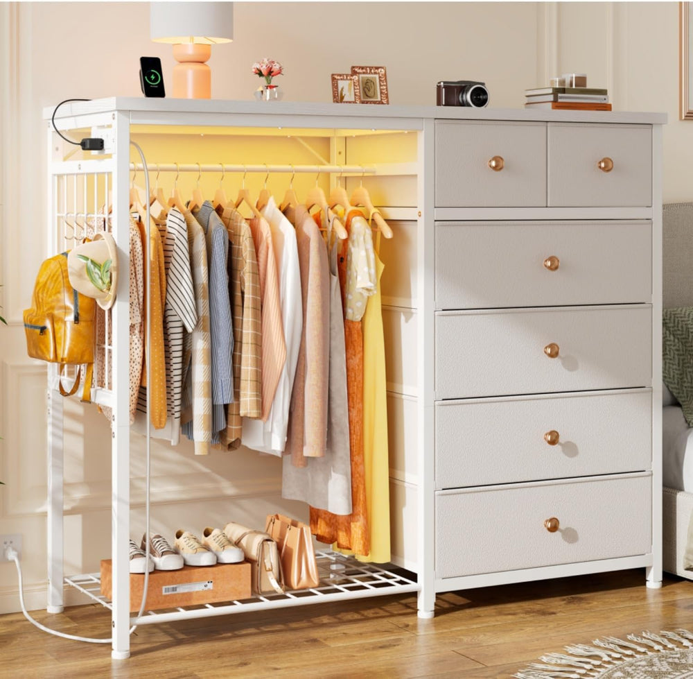 EnHomee 49.2" W Dresser with Hanging Rack & 6 Drawers, Grid Panel &a...