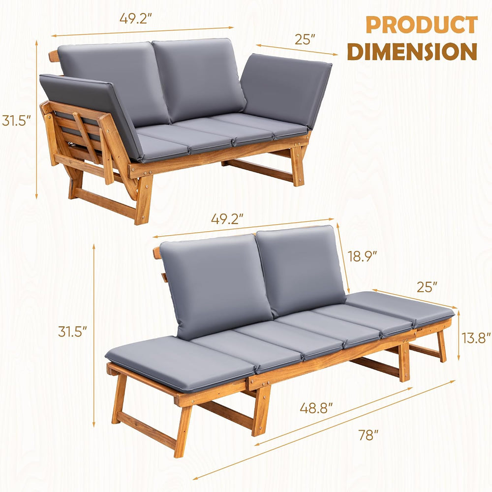 Greesum Patio Convertible Couch Sofa Bed with Adjustable Armrest, Acacia Wood...