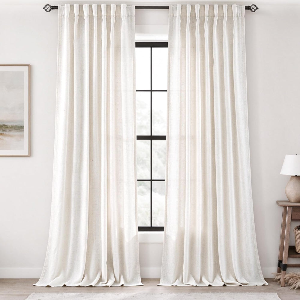 Natural Semi Sheer Linen Curtain 90 inch Length 2 Panels Set Back Tab Light F...