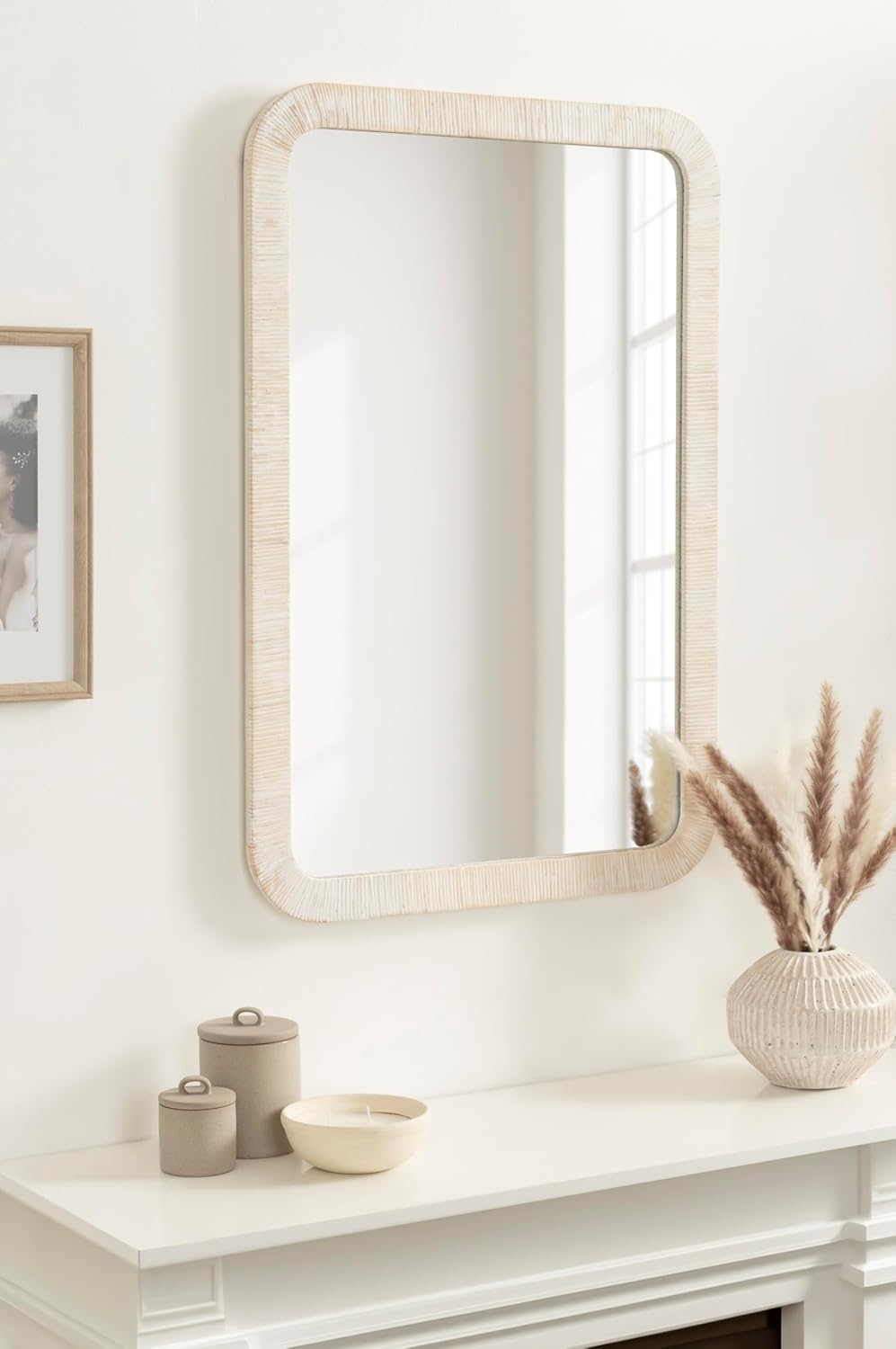 Kate and Laurel Rahfy Boho Rectangle Rattan Mirror; 24 x 36; White; Decorativ...