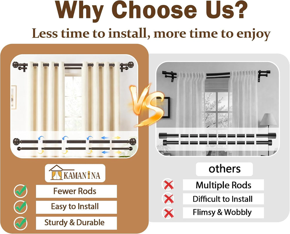 KAMANINA Double Curtain Rods for Windows 72 to 144 Inch, Adjustable, Bronze