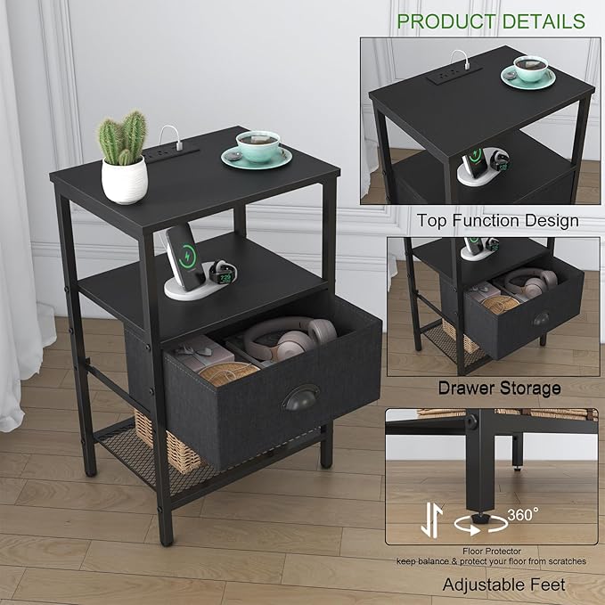 Sthmec Nightstands Set of 2, LED Bedside Tables with Charging Station and Fab...