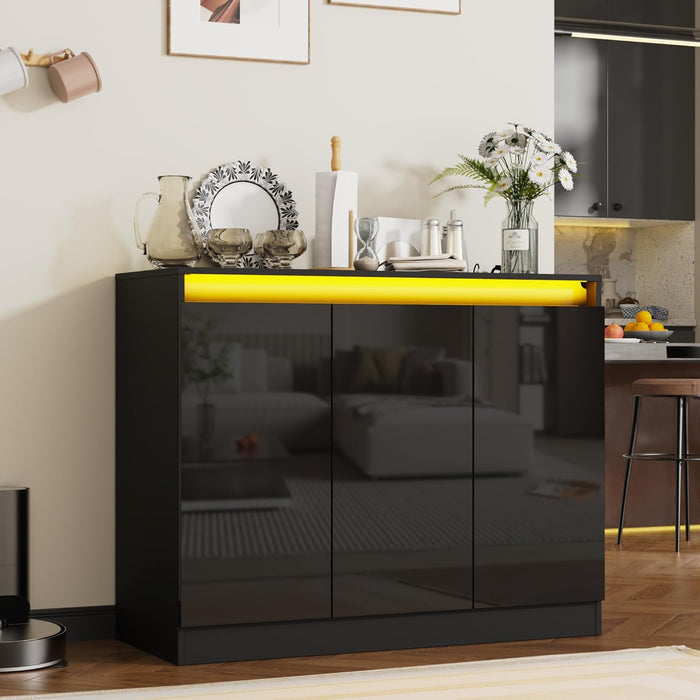 Furnify High Gloss Buffet Cabinet with LED Lights, Modern Sideboard Coffee Bar with 3 Doors & Charging Station, Handless Modern Sideboard Storage Cabinet for Living Room, Entryway, Black