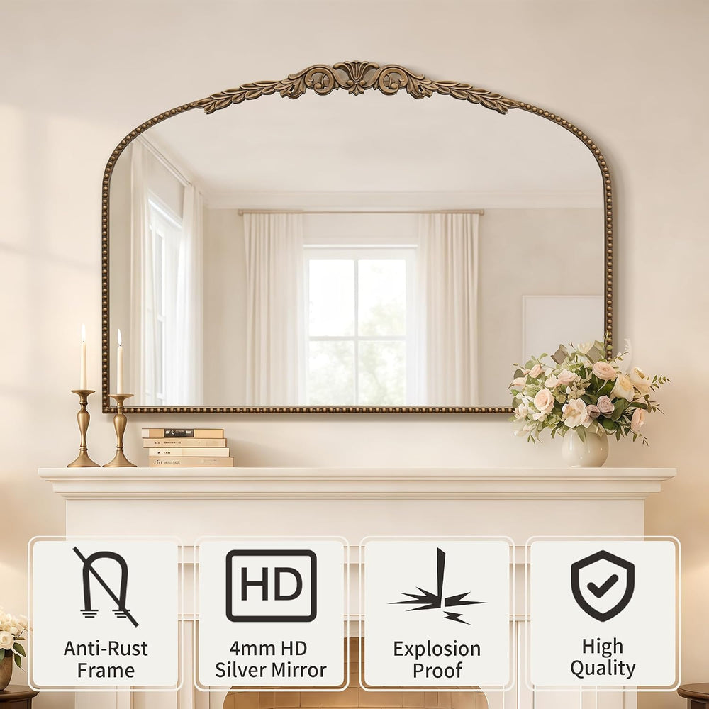 Besdomus Gold Large Fireplace Mirror: 48"x33" Baroque Vintage Arche...