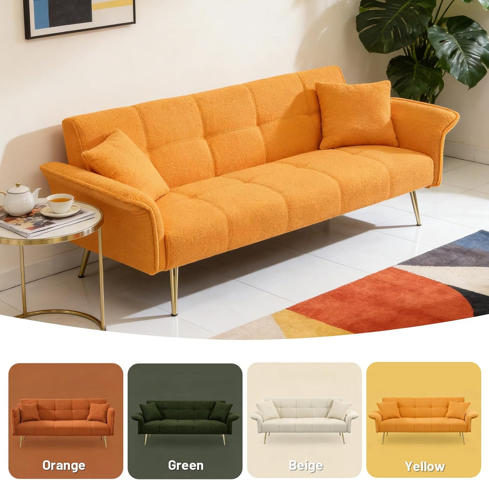 70" Futon Sofa Bed,Teddy Fleece Fabric Couch Bed (Yellow) | 3 Gear Adjus...