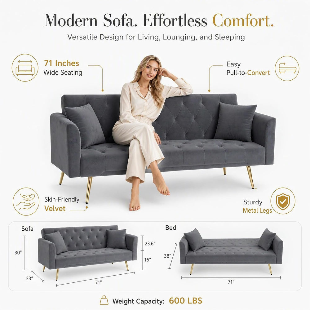 71" Gray Velvet Sofa Bed, Convertible Futon Couch, Adjustable Back