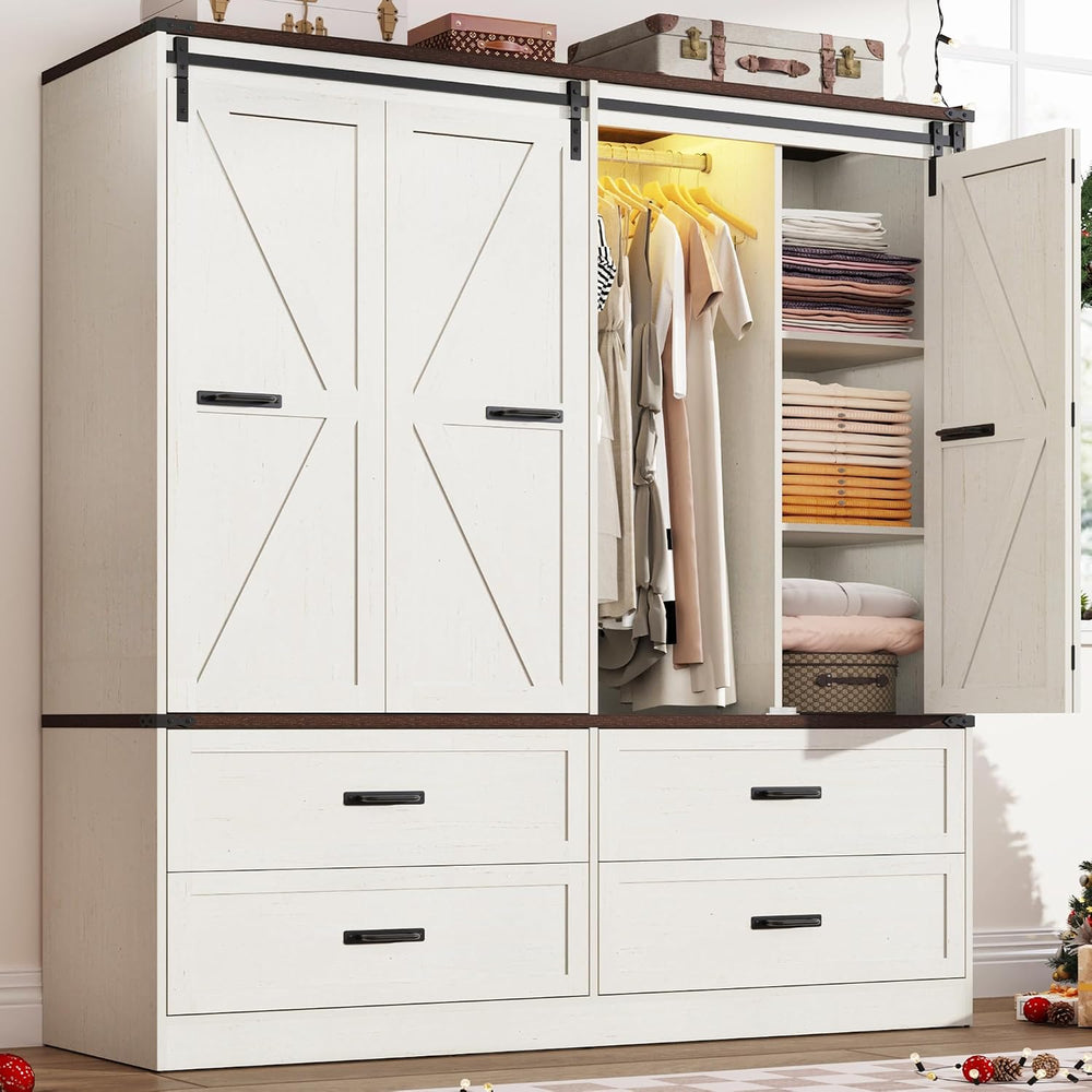 Farmhouse 4 Doors Armoire Wardrobe Closet w/Folding Sliding Barn Door and Lig...