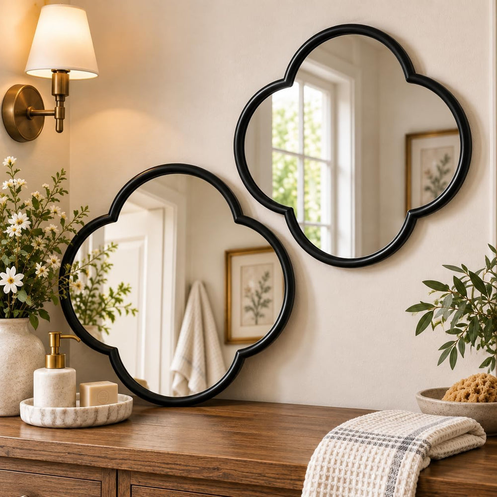 2 PCS Clover Mirror Wall Decor, Metal Framed Glass Mirror Tiles, Lucky Four L...