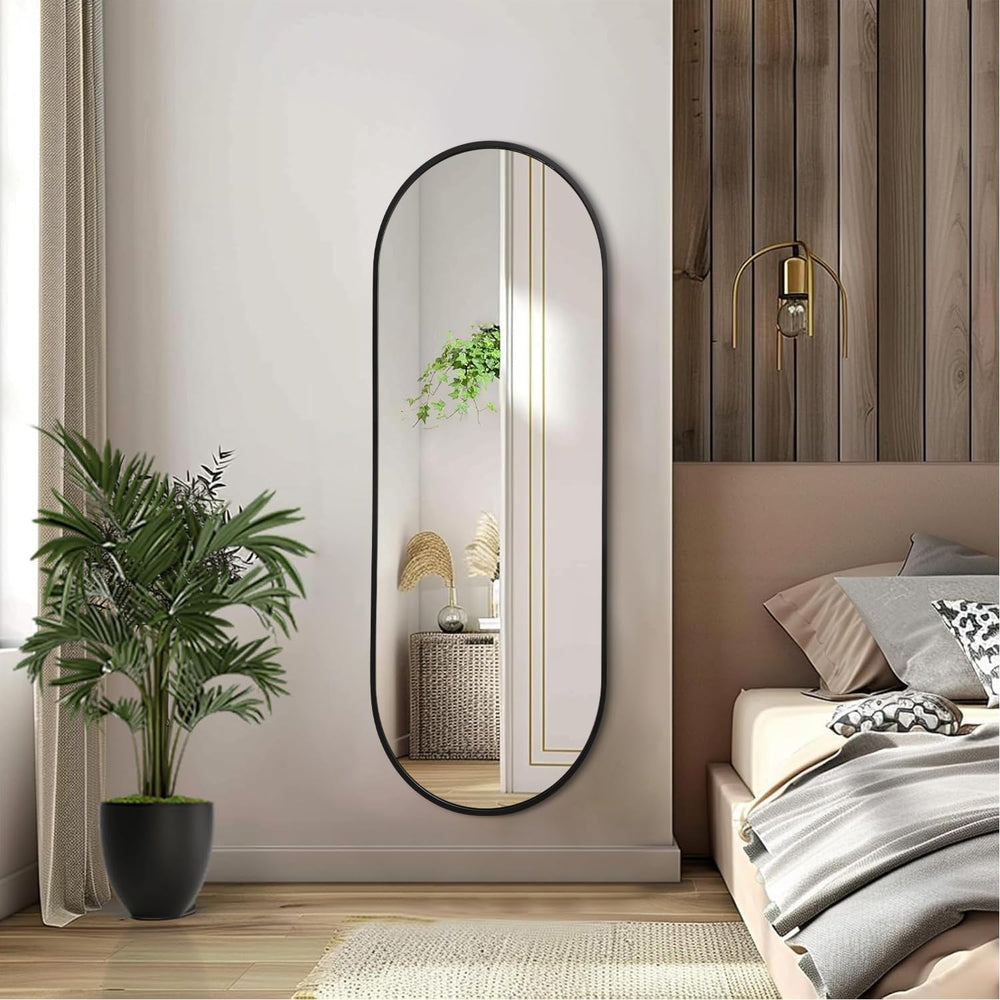 Black Oval Bathroom Full Length Mirror, 48x16'' Pill Shaped Oblong Va...