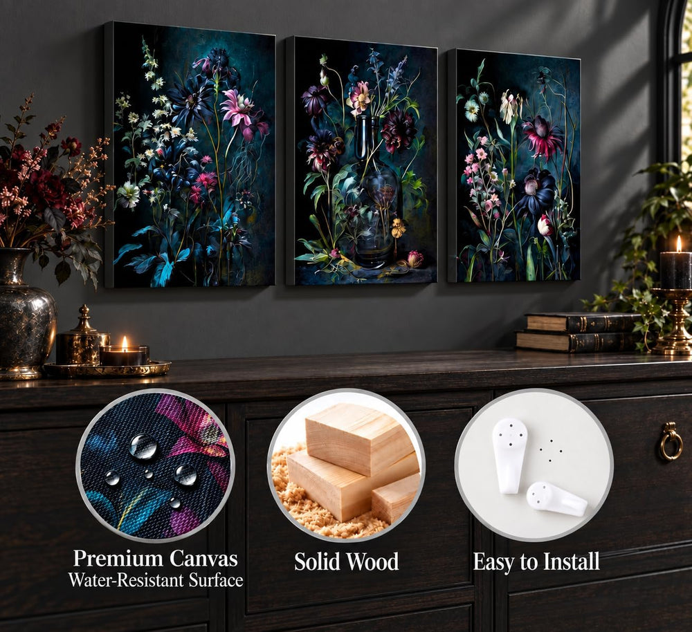 hijyord 3 Pcs Dark Academia Floral Canvas Wall Art 16x24in