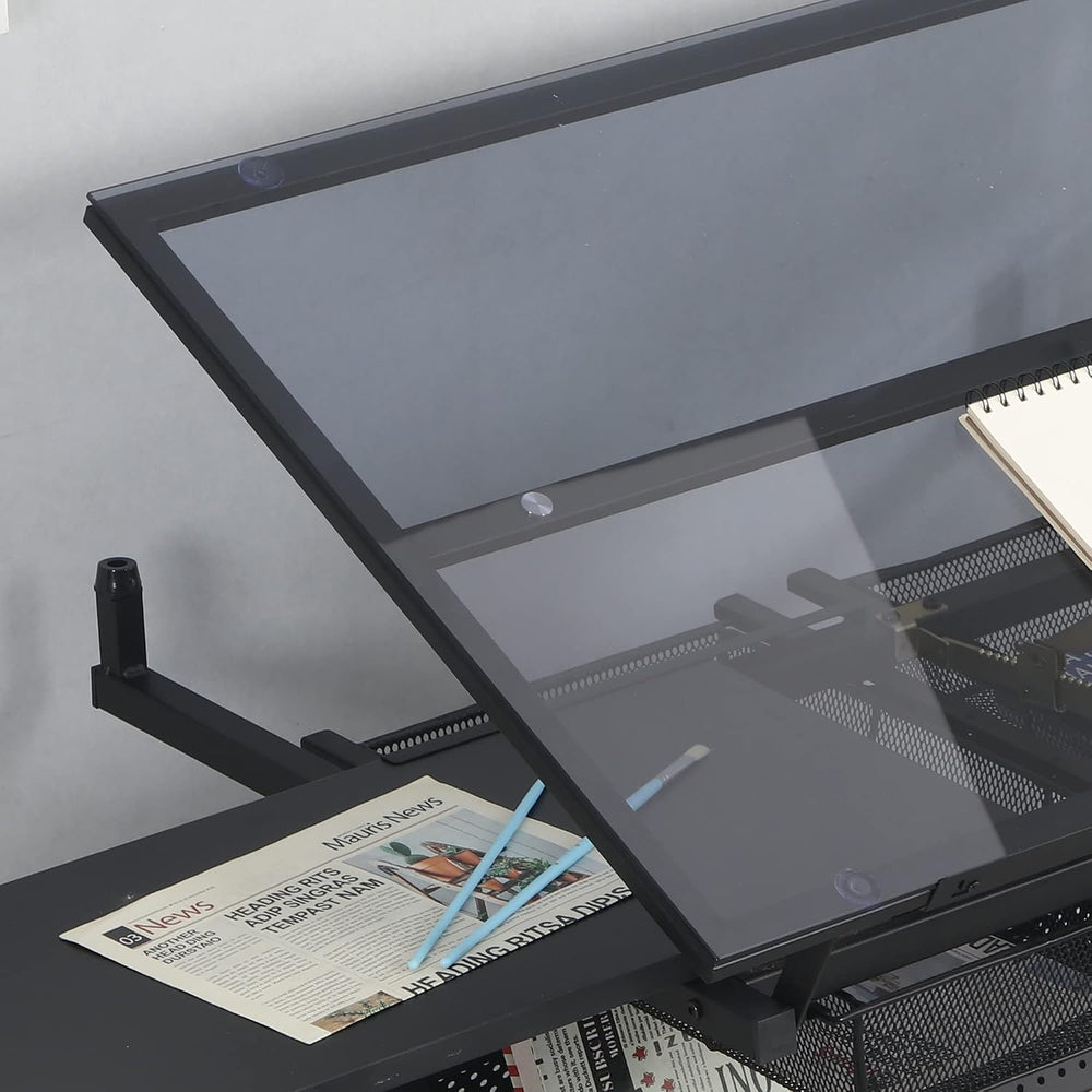 Black Hand Crank Adjustable Tempered Glass Drafting Table with Chair and Stor...