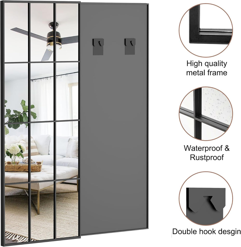 Full Length Mirror, 65"x22" Standing Windowpane Wall Mirror (Black)
