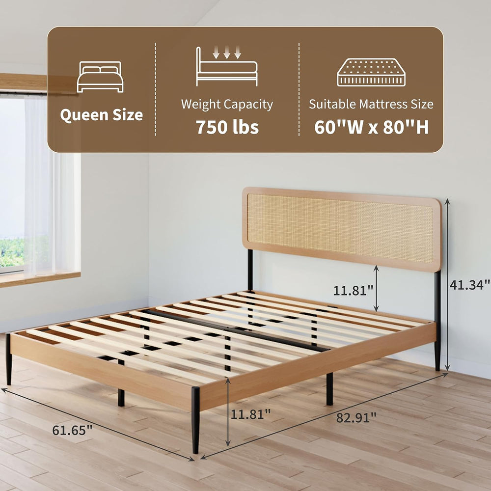 Queen Rattan Bed Frame, Woven Headboard, Wood Platform, No Box Spring