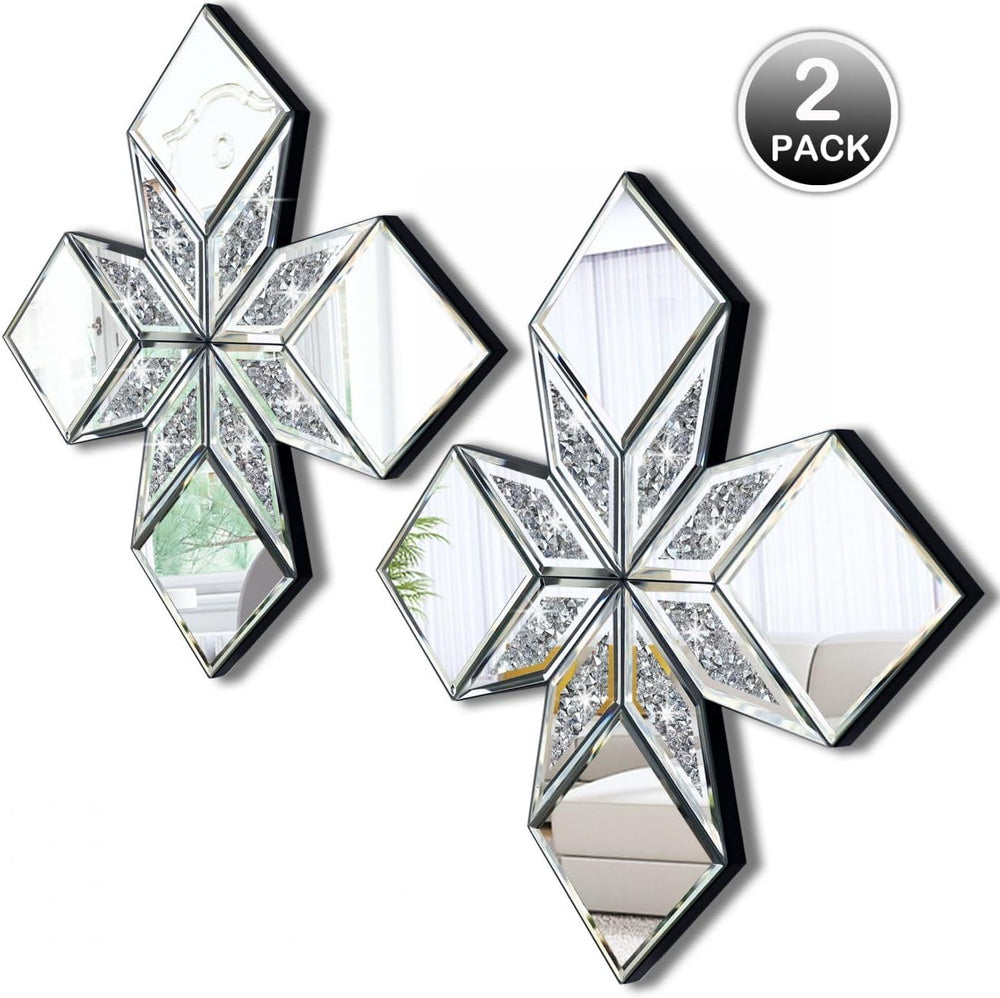 Crushed Diamond Decorative Mirror 2 Pack 16.75x16.75” Diamond Shape Glass Dec...