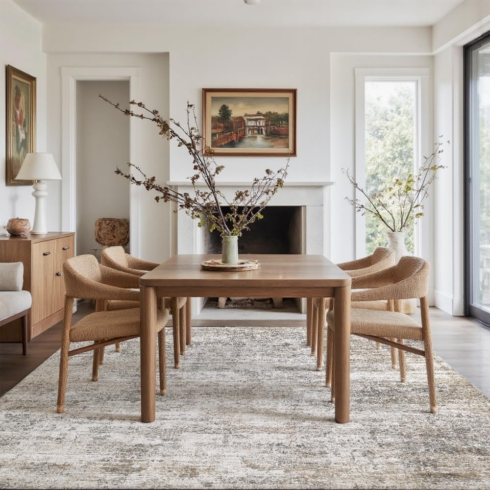 6x9 Grey Beige Washable Area Rug for Living Room, Vintage Print