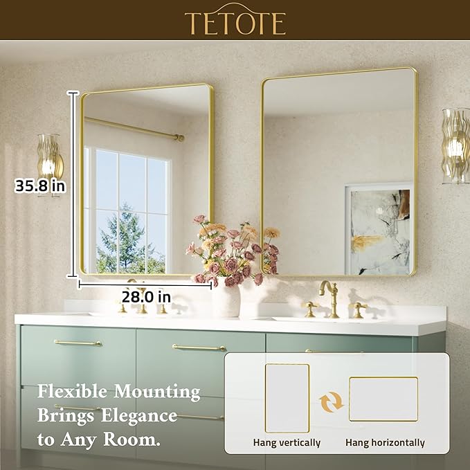 TETOTE Gold Mirror Bathroom 28 x 36 Brushed Gold Metal Framed Vanity Mirror, ...