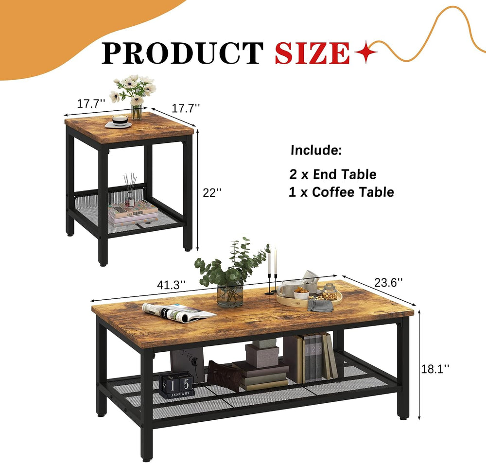 Lamerge 3 Pieces Living Room Table Set, Industrial Coffee Table with 2 Square...