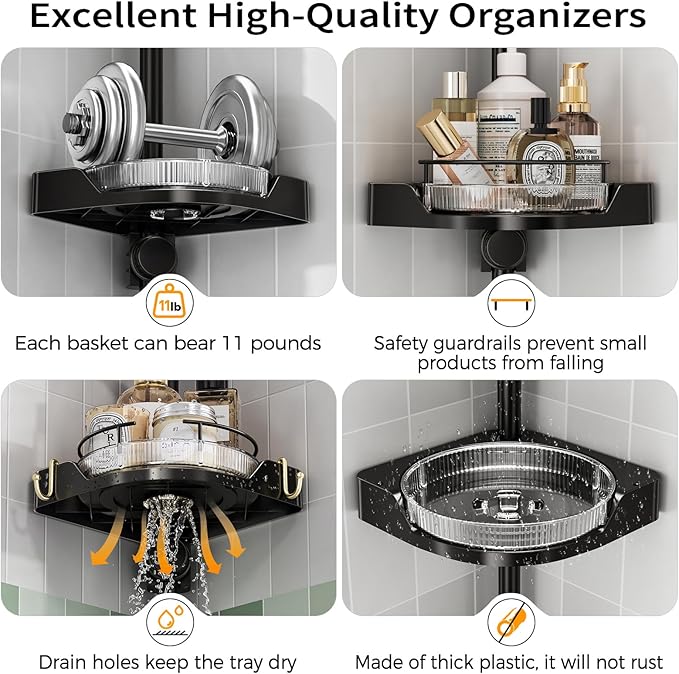 shuang qing 360° Rotating Corner Shower Caddy Tension Pole Organizer