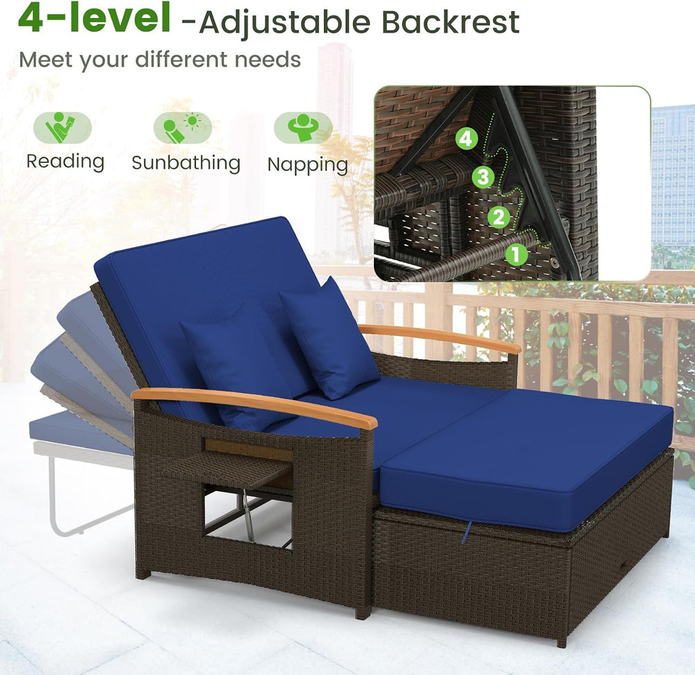 Tangkula Patio Rattan Daybed, Outdoor Wicker Loveseat, Mix Brown & Navy