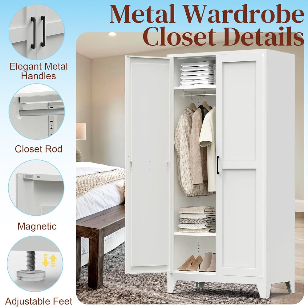 75"Tall Metal Armoire Wardrobe Closet with Hanging Rod & 2 Shelves