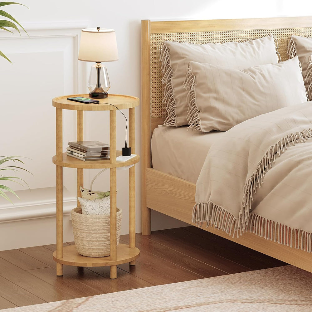 HOOBRO Small Round Side Table with Charging Station, 3-Tier Round Bamboo End ...