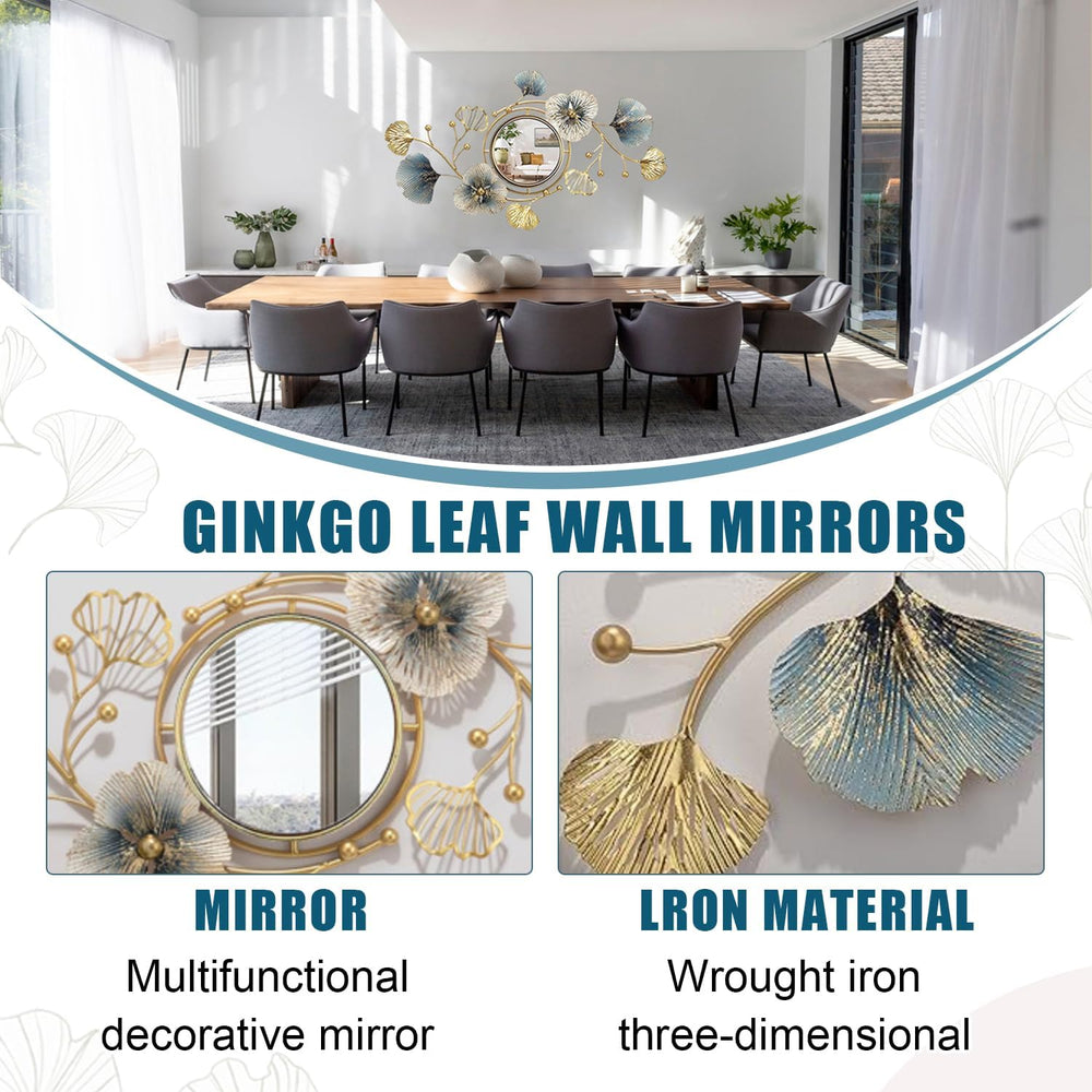 Metal Wall Mirrors Decor, 59" x33” Large Ginkgo Leaf Wall Art
