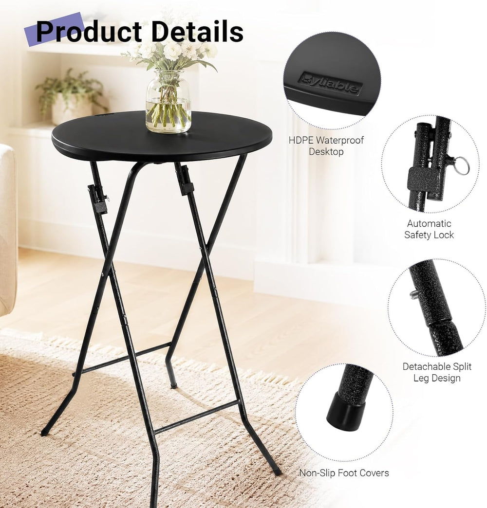 Byliable 24in Round Folding Cocktail Table, Plastic Bar Height Table, Black