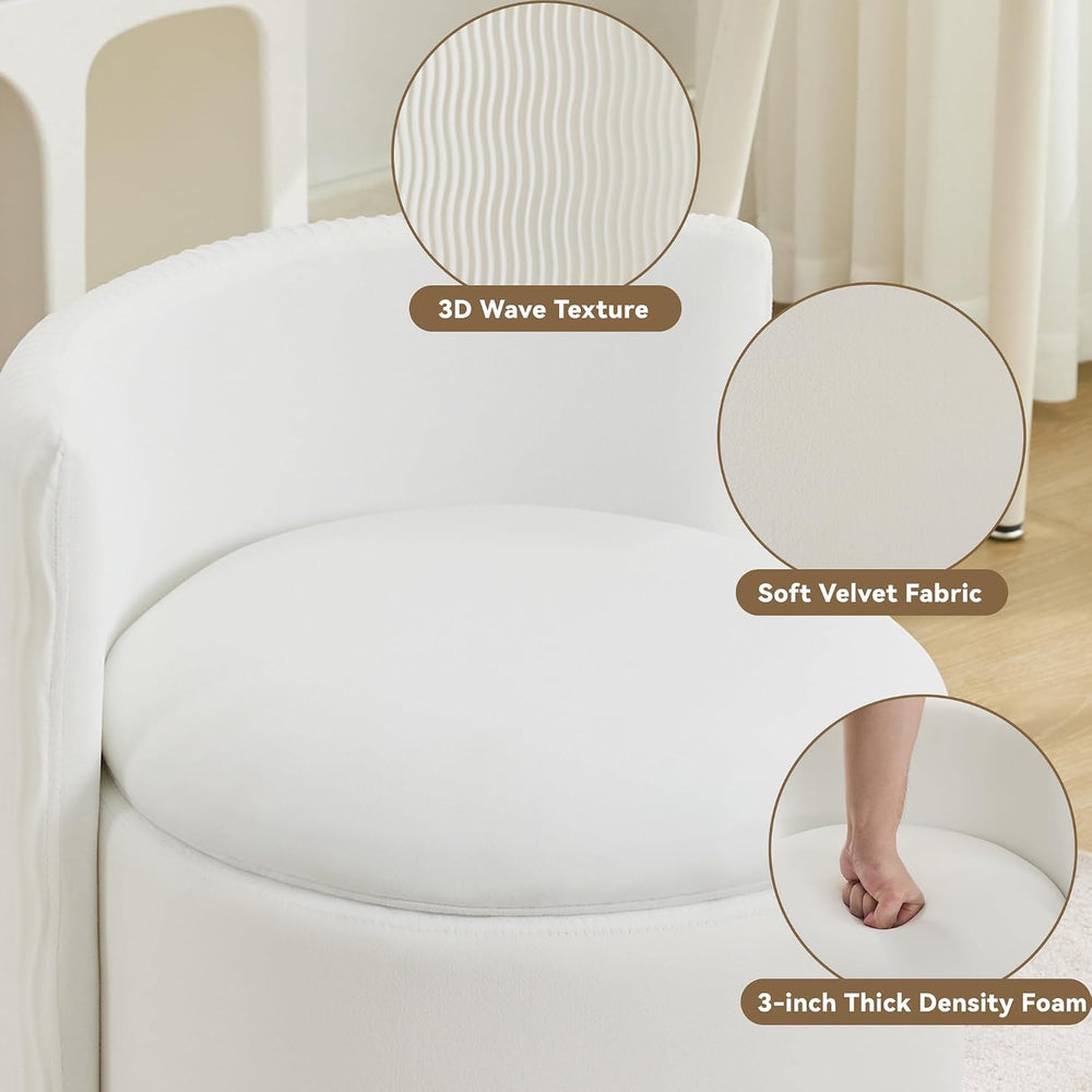 360° Swivel Velvet Vanity Chair with Storage, Barrel Makeup Chair with Wave B...