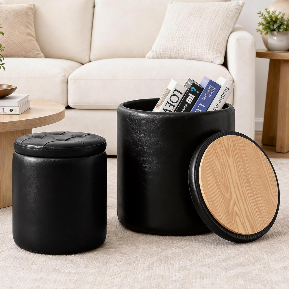 oakvivo Round Ottoman with Storage Set of 2, 12.6" W x 14.17" H &am...