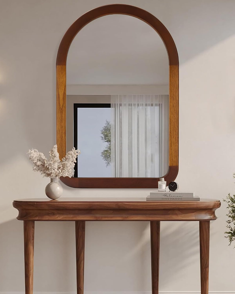 Arched Mirror 24 x 36 Inch,Brown Wood Rustic Bathroom Wall Walnut Mirror