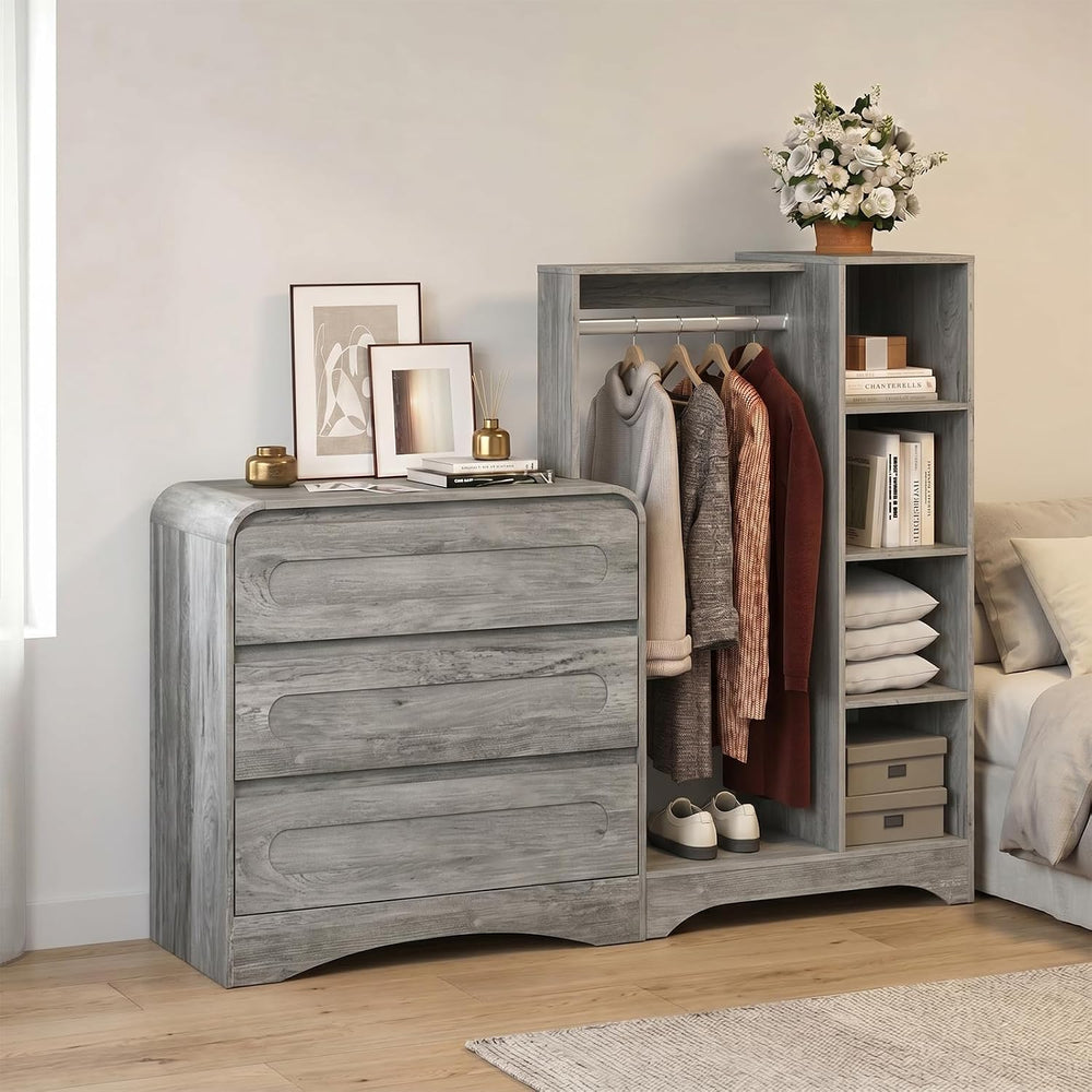 Dresser with Clothes Hanging Rack, Wardrobe Closet w/ 3 Drawers and Shelves