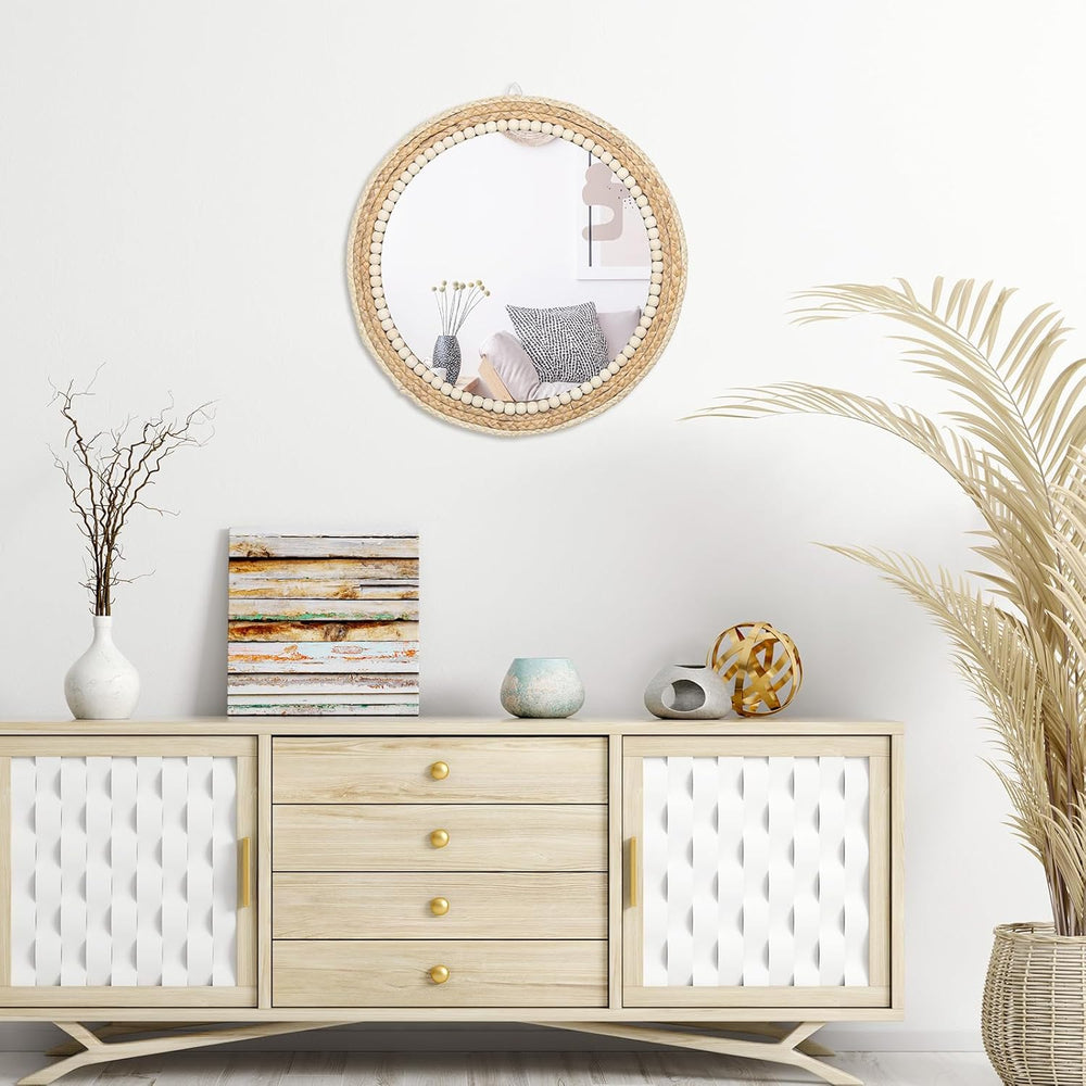 18 Inch Boho Round Hanging Wall Mirror Decorative Rattan Circle Mirrors for F...