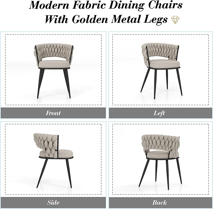 KCC Fabric Dining Chairs Set of 2, Modern Dining Chair with Metal Legs, Woven...