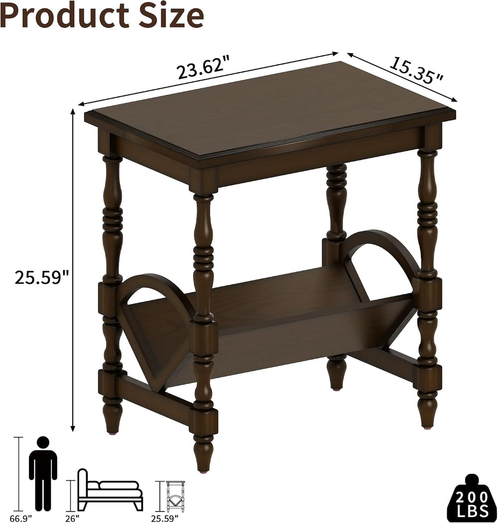 LKTART Wood End Table, Vintage Sofa Side Table with Magazine Rack and Rubberw...