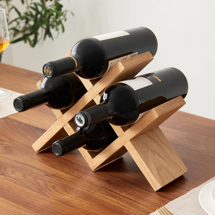 Solid Oak Wine Rack Countertop, 4 Bottle Tabletop Wine Holder - No Assembly Free Standing Wood Display for Kitchen, Bar, Office, Living Room | Natural