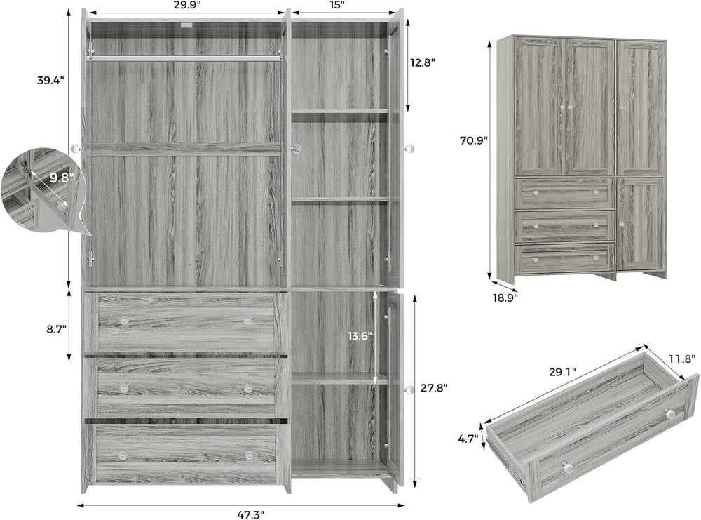 VOWNER 71" H Armoire Wardrobe Closet with 3 Drawers and Mirror