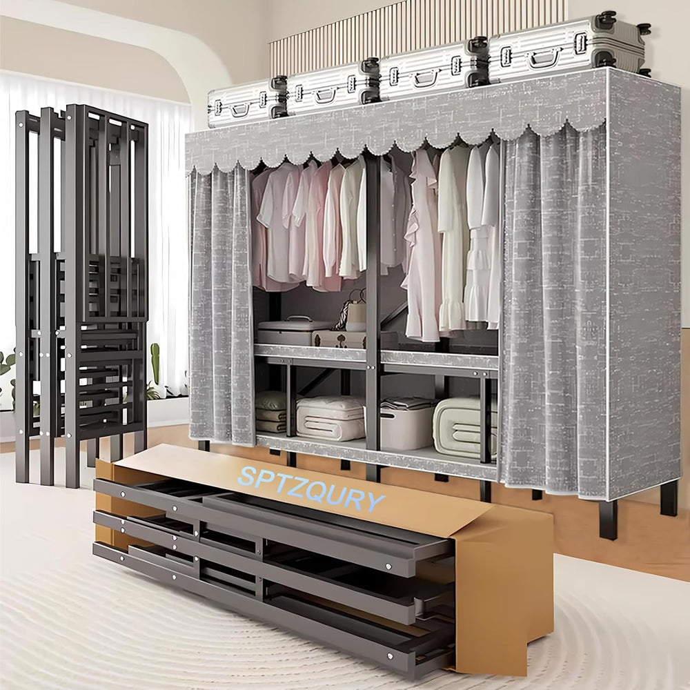 66.1in Heavy Duty Foldable Wardrobe with Cover, Load 1500lbs, grey