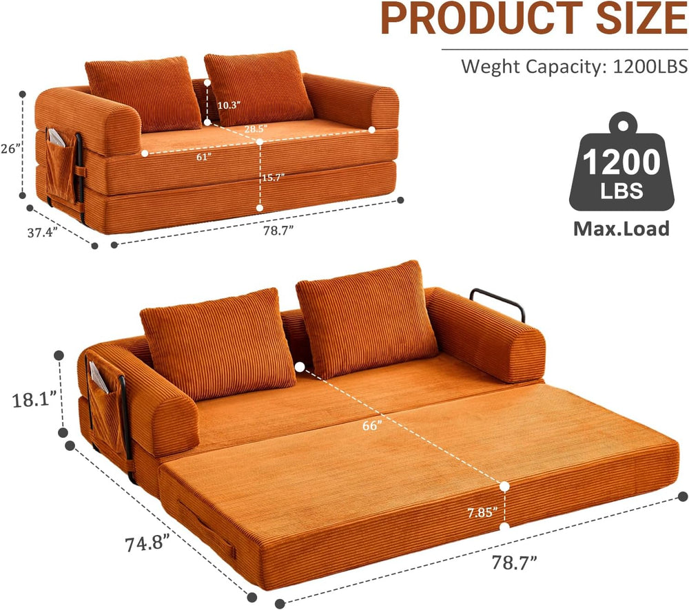 79" Convertible Sofa Bed, 5-in-1Boneless Couch for Living Room with 2 Pi...