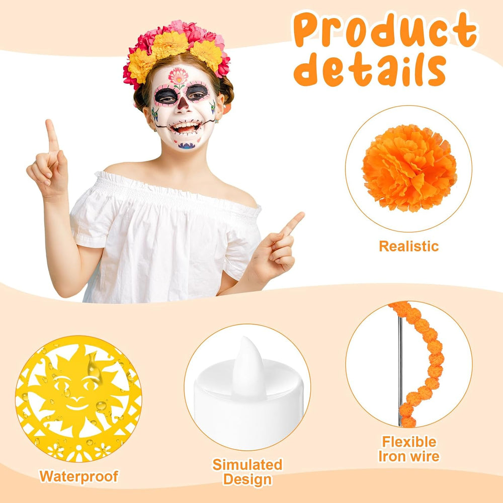 236 Pcs Day of the Dead Decoration Set 100 Artificial Marigold with Stem 4 Ca...