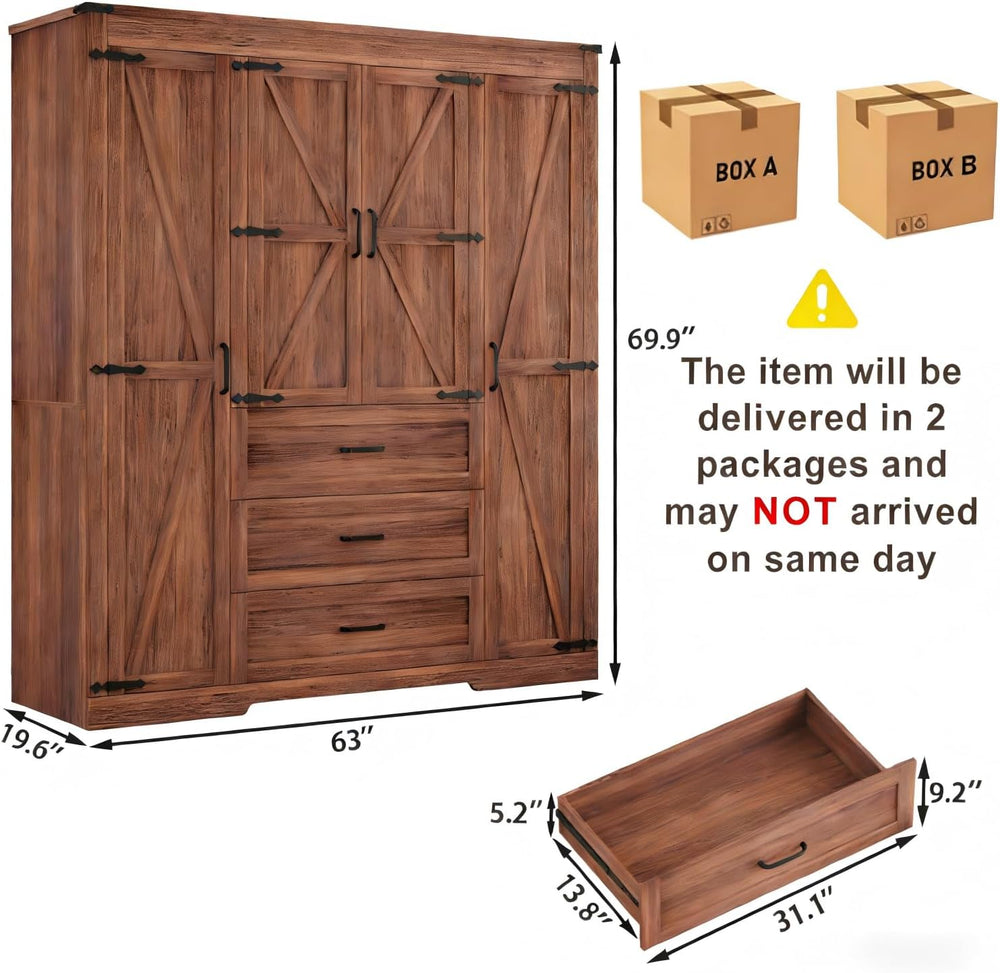 70" Tall Armoire Wardrobe Closet with 4 Doors & 3 Drawers, Farmhouse...