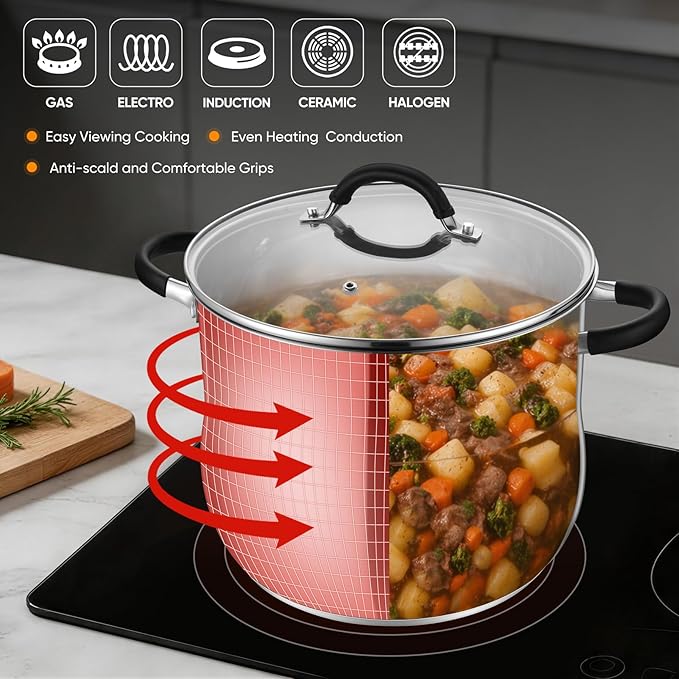 P&P CHEF Stainless Steel Stock Pot, 12 Qt Cooking Soup Pot