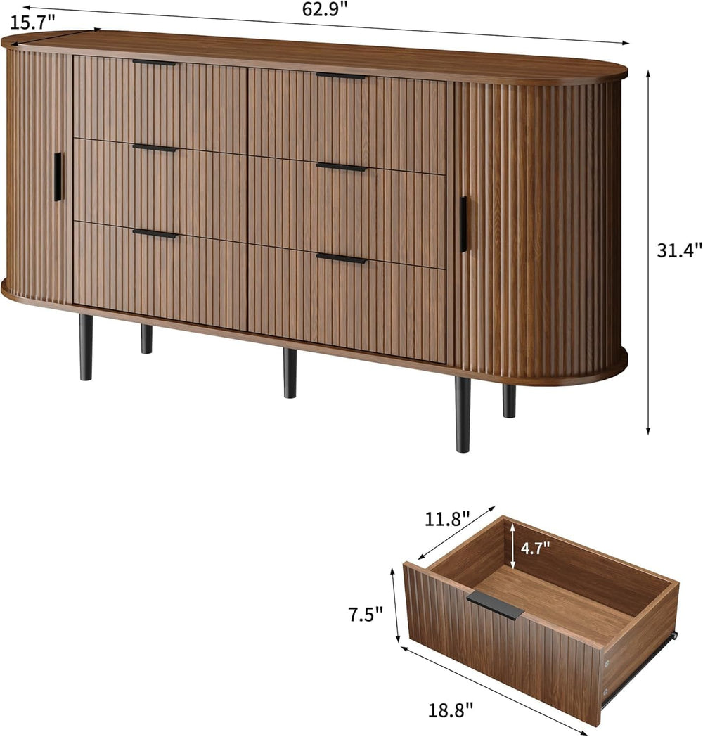 63" Wide Fluted 6 Drawer Dresser for Bedroom, Modern Wood Chest of Drawe...