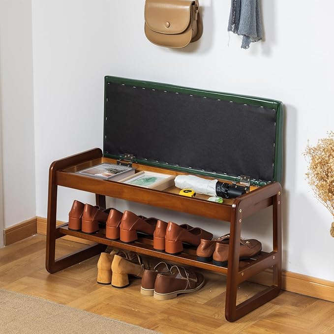 latifolia Solid Wood Bench, Entryway Shoe Bench with Cushion, Flip-Open Stora...