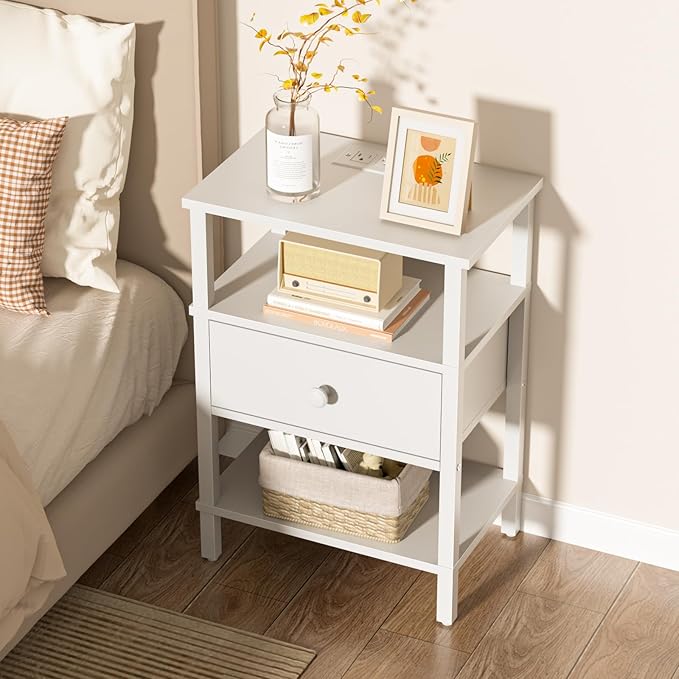 Lerliuo Nightstand with Charging Station and USB Ports, 3-Tier Storage End Ta...