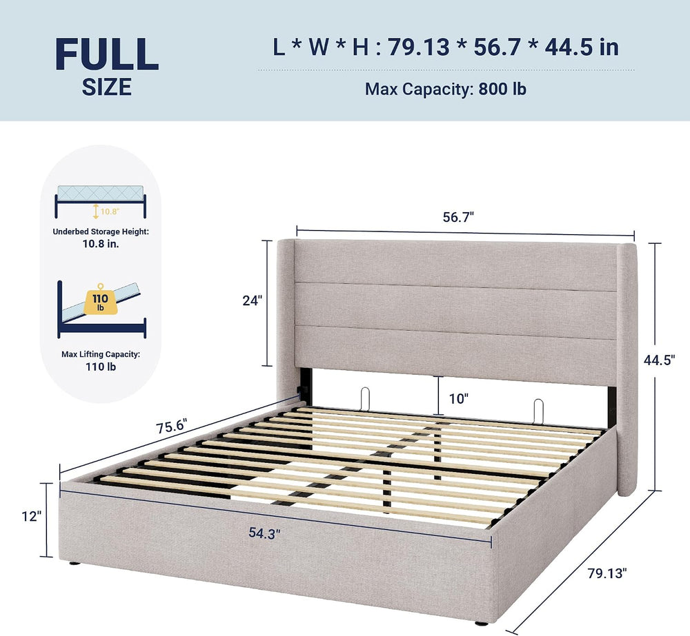 Allewie Full Size Lift Up Hydraulic Storage Bed Frame Light Beige