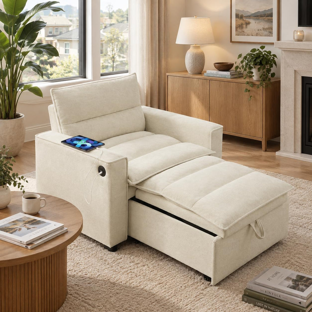 VANOMi Convertible 3-in-1 Sleeper Chair Sofa Bed, USB Ports, Chenille Beige