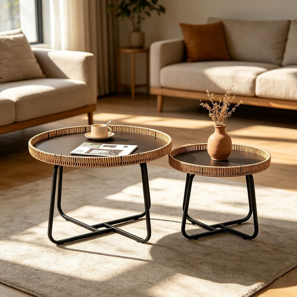 Round Woven Nesting Table, Wicker Coffee Table and Side Table Set of 2 | Meta...