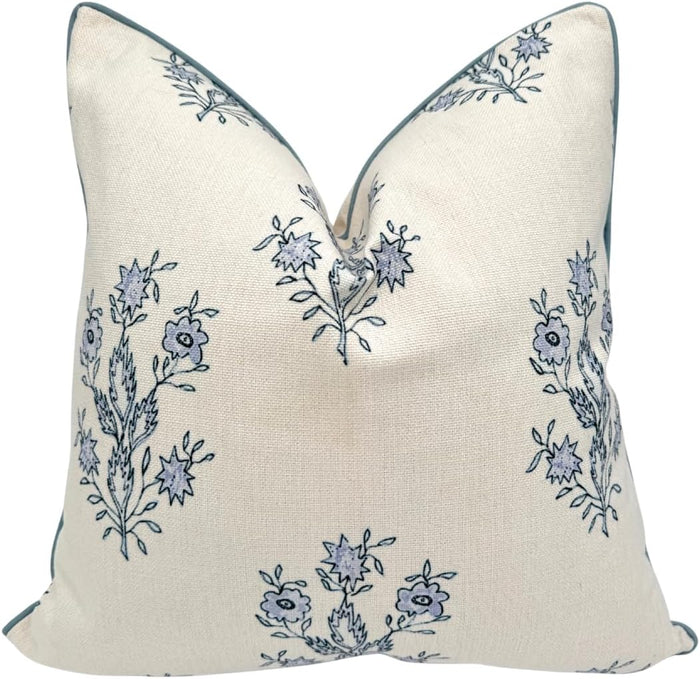 Jillien Harbor “The Mary” Blue and White Decorative Throw Pillow Cover – Floral Block Print Pillow Cover – Grandmillennial Home Decor, 19" x 19"